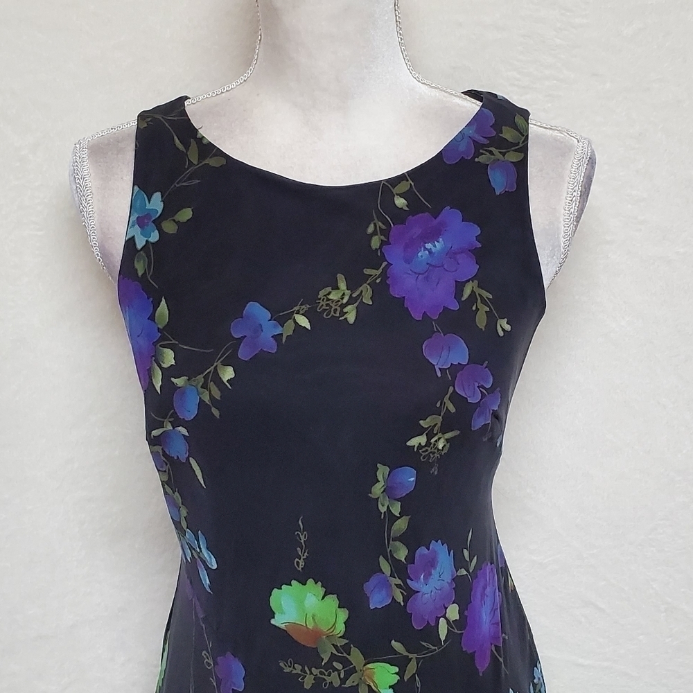 VINTAGE Liz Claiborne Purple Floral Silk Chiffon Black Satin Ruffle Midi Dress M - Picture 5 of 16